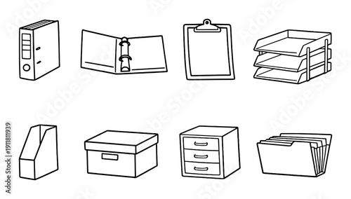 Set of office supplies in black and white: binders, clipboard, organizer, drawer unit
