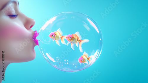 A girl is blowing a balloon in which three goldfish are swimming, creating a magical and delicate atmosphere.