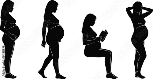 Pregnant woman silhouettes collection, maternity stages poses standing walking sitting reading black vector illustration isolated on white background