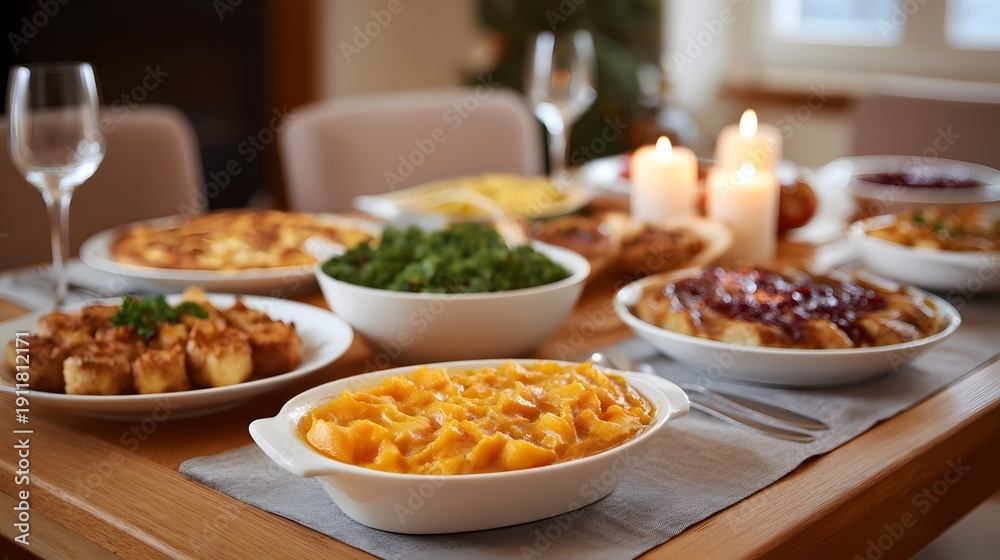 Obraz premium A festive holiday dinner spread on a dining table with candles and glassware
