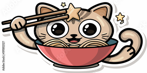 A cute cat enjoys a bowl of ramen with chopsticks and sparkling stars