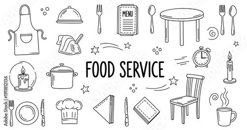 Food service essentials: diverse culinary tools and dining symbols illustration