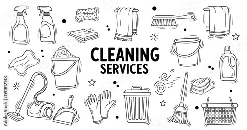 Line art cleaning services: supplies, tools, and equipment in black and white