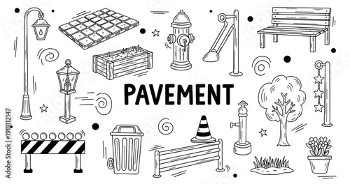Black and white doodle of pavement elements with lamps, benches, and trees