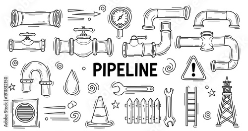 Pipeline infrastructure elements with gauges, valves, and tools in black and white illustration