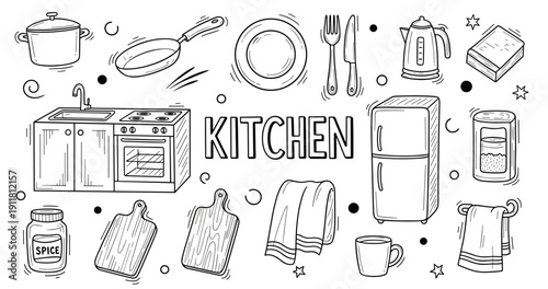 Hand-drawn kitchen appliances and utensils sketch in black and white