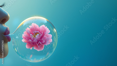 A girl is blowing a balloon filled with floating flowers, creating a magical, delicate, and whimsical atmosphere.