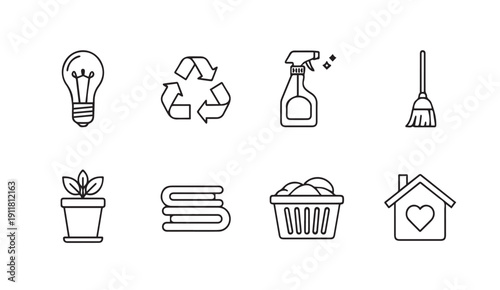 Household Icons: Lightbulb, Recycling, Spray Bottle, Broom, Plant, Towels, Laundry Basket, Home