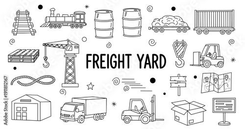 Freight yard doodle: train, forklifts, crates, and more in black and white