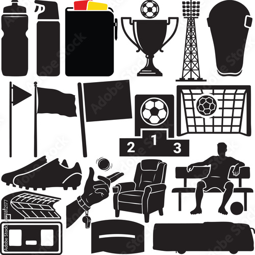 Soccer Stadium Equipment and Referee Accessories Silhouette Icon Set