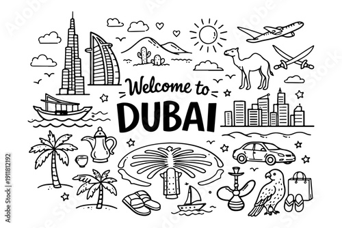 Dubai travel doodle set, hand drawn United Arab Emirates city symbols and luxury landmarks in line art style