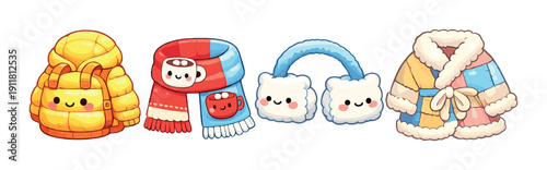 Cute cartoon winter accessories featuring jacket, scarf, earmuffs, and robe