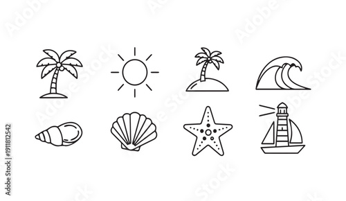 Nautical and Tropical Icons Collection: Palm Tree, Sun, Wave, Shell, Starfish, Lighthouse, Sailboat