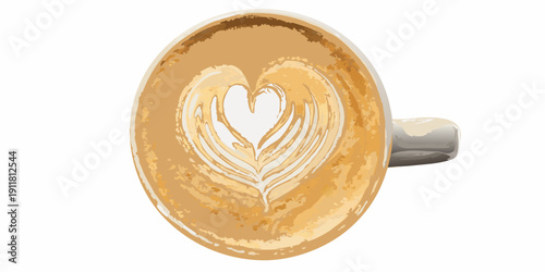A top down view of a latte with intricate heart shaped latte art
