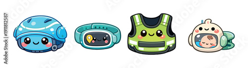 Cute kawaii style robot characters with helmets and armor