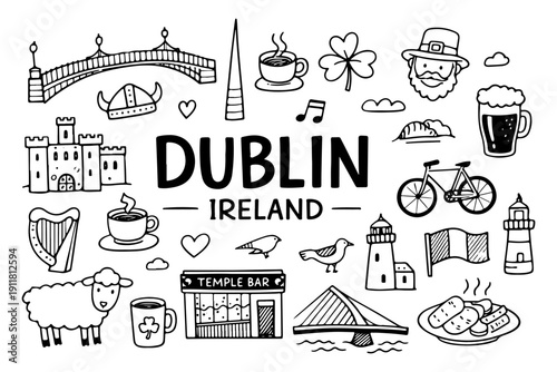 Dublin travel doodle set, hand drawn Ireland city symbols and Irish culture landmarks in line art style