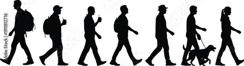 Walking people silhouettes collection with men and woman strolling carrying backpacks drinks and walking dog isolated vector illustration