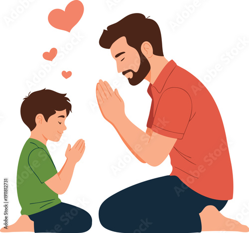 Father and son praying together with love hearts s