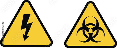 Electrical hazard and biohazard warning signs, yellow triangular safety symbols, danger icons for industry, laboratory, workplace protection and compliance
