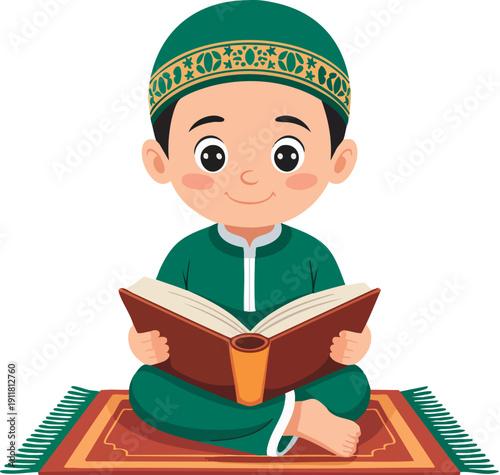 Little boy sitting on rug reading holy quran book