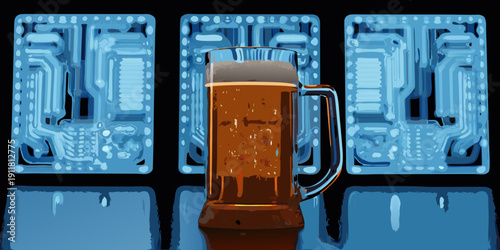 A mug of beer positioned in front of three circuit board x ray images