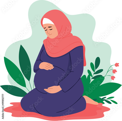 Pregnant muslim woman sitting on mat holding belly