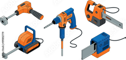 Isometric construction power tools illustration, electric drill and cutting machines set, modern workshop hardware vector equipment design artwork