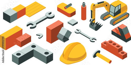 Isometric construction tools and building elements illustration set, excavator helmet bricks hardware collection, modern vector engineering artwork design