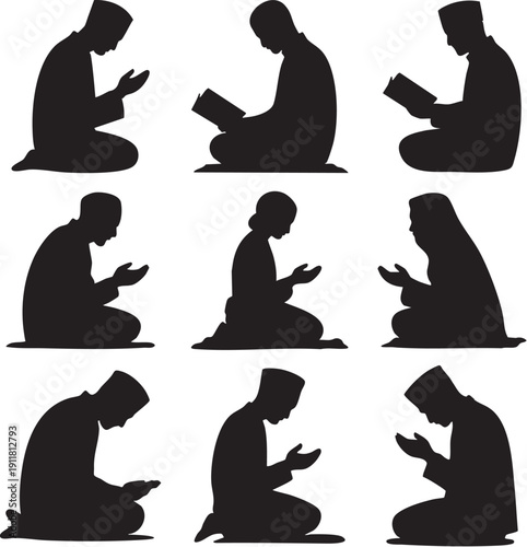 Set of muslim men praying and reading quran silhouettes