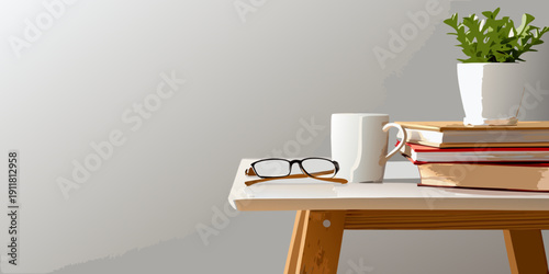 Still life composition featuring books glasses and a potted plant