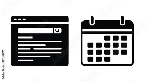 Digital icons representing search and time minimalist silhouette