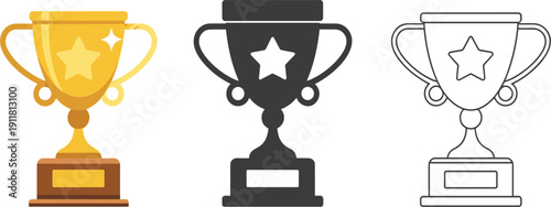 Golden trophy cup award vector set, showing championship victory, first place achievement, success and prize concept