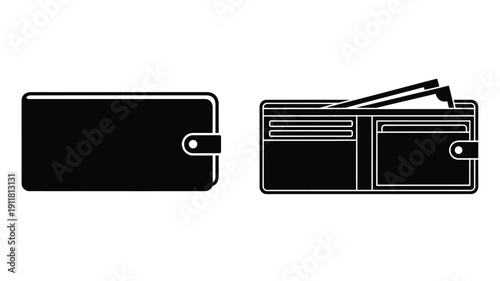 Black wallet illustrations closed and open views flat design silhouette