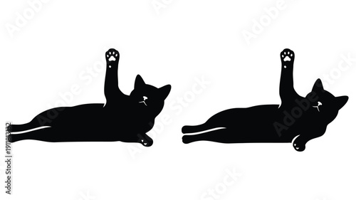 Two black cats stretching in relaxed poses a striking silhouette