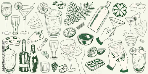 Vintage illustration of cocktails cheese and various bar accessories