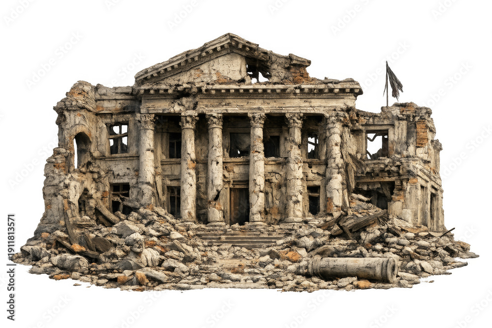 Obraz premium Destroyed classical building ruin on transparent background