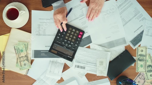 Hands accountant working at office desk using calculator planning corporate budget. Stressed woman taking notes checking utility bills taxes bank account balance. calculating expenses indoors top view