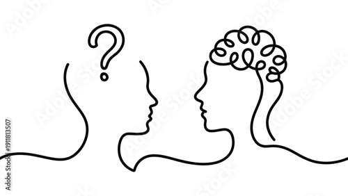 Two Human Profiles With Question Mark And Brain Minimal One Line Art Psychology Concept Illustration