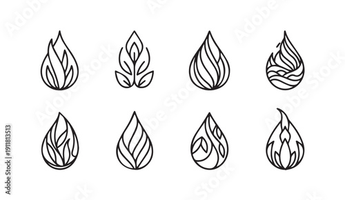 Set of 8 abstract water drop icons with leaf and flame motifs, black outline on white