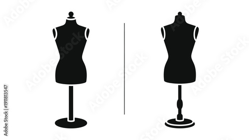 Two black dress forms displayed against a white background silhouette