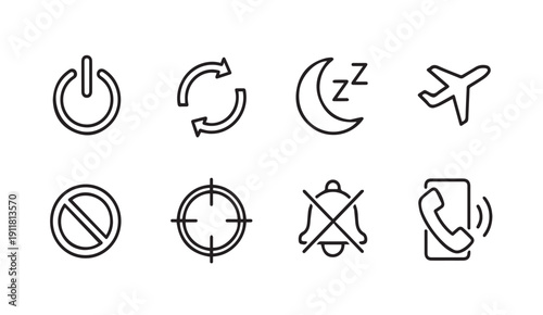 Set of 8 Modern Line Icons: Power, Refresh, Sleep, Airplane, No, Target, Mute, Call