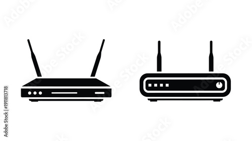 Two wireless routers depicted in a stark black silhouette