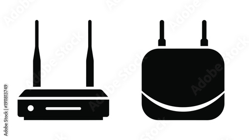 Wireless router and signal icons in stark black silhouette