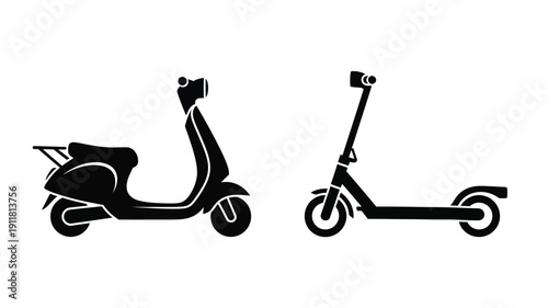 Two electric scooters depicted in a striking black silhouette