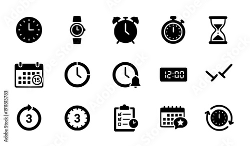 Clocks and Time Solid Glyph Icon Set – Scheduling, Deadlines, and Time Management Symbols