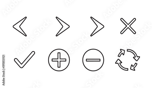 Set of outline icons: arrows, checkmark, plus, minus, x, refresh, symbols
