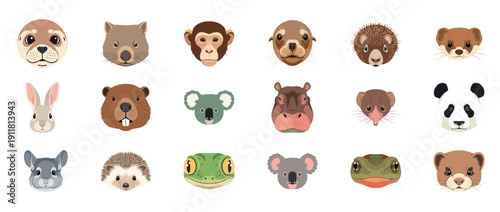 Collection of cute animal faces with various expressions and features