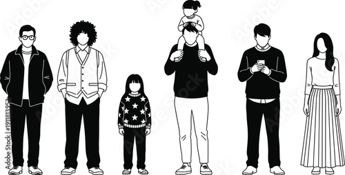 Family members character set with parents and children standing together in modern line art vector illustration