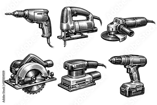 Vintage electric tools engraving set, antique power equipment sketch in woodcut style