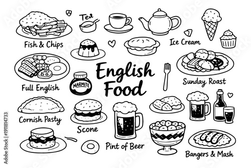 English food doodle set, hand drawn British cuisine symbols and traditional meals in line art style